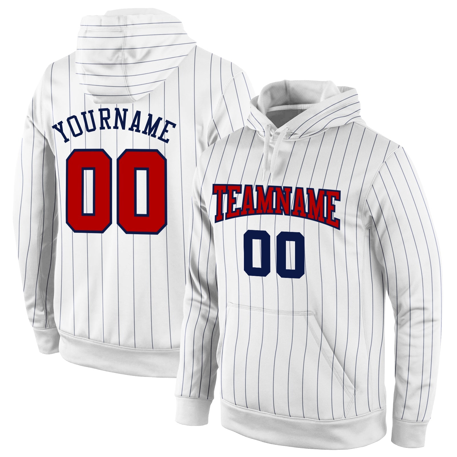 Custom Stitched White Navy Pinstripe Red-Navy Sports Pullover Sweatshirt Hoodie - Main View