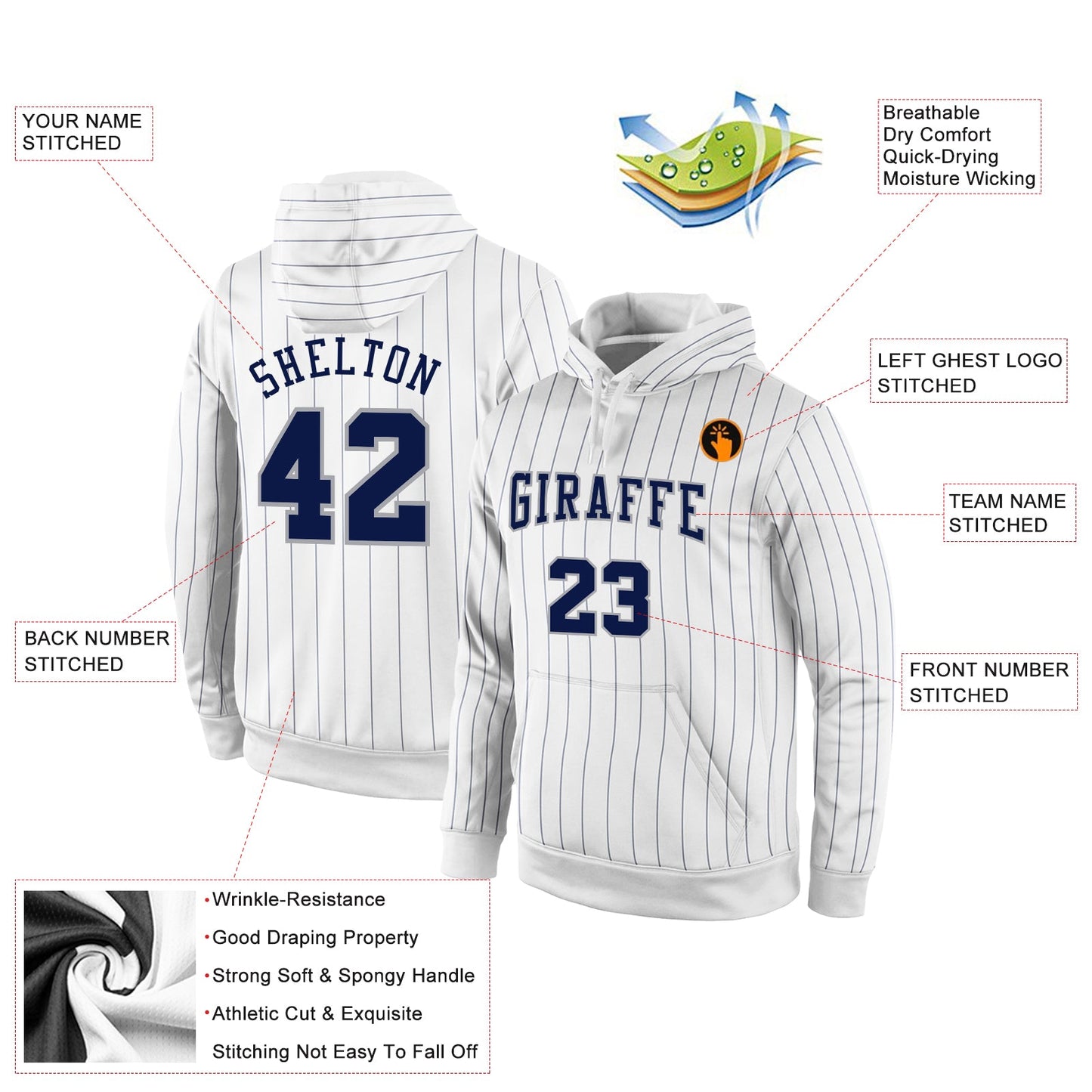 Custom Stitched White Navy Pinstripe Navy-Gray Sports Pullover Sweatshirt Hoodie view 2