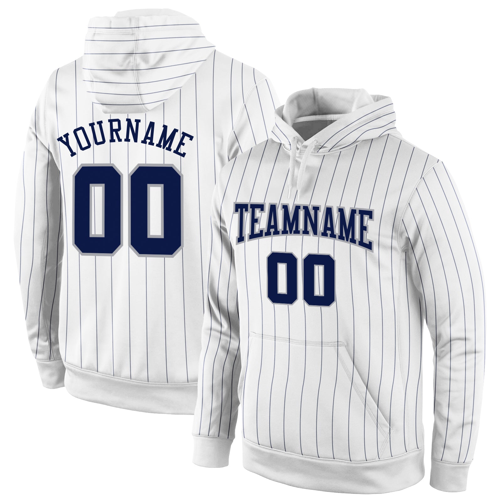Custom Stitched White Navy Pinstripe Navy-Gray Sports Pullover Sweatshirt Hoodie - Main View