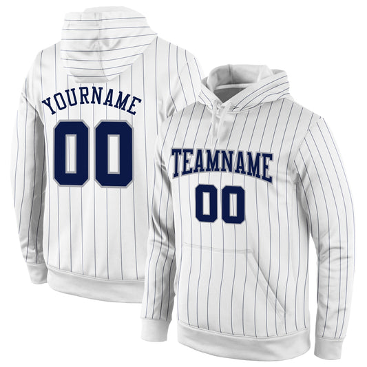 Custom Stitched White Navy Pinstripe Navy-Gray Sports Pullover Sweatshirt Hoodie - Main View