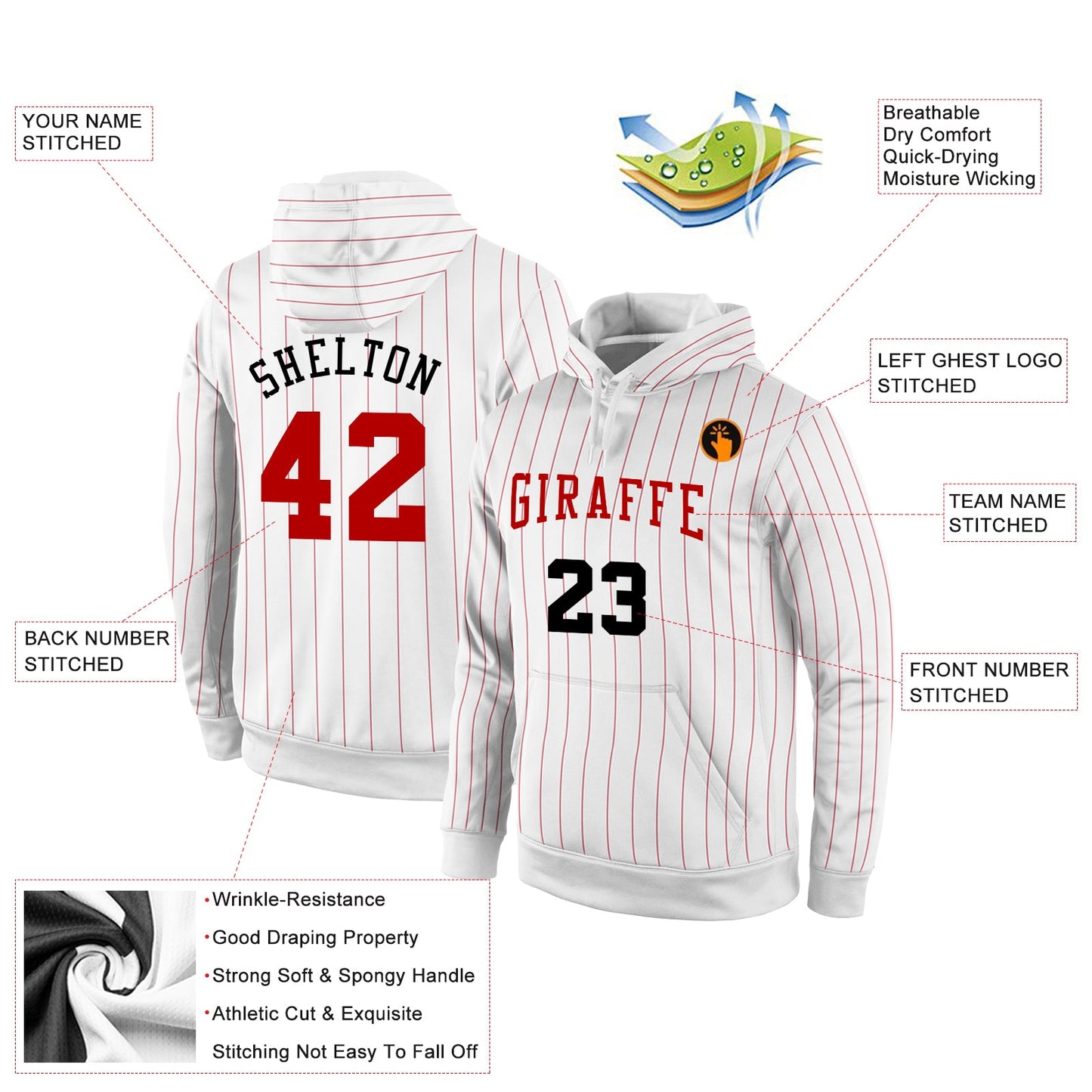 Custom Stitched White Red Pinstripe Red-Black Sports Pullover Sweatshirt Hoodie view 2