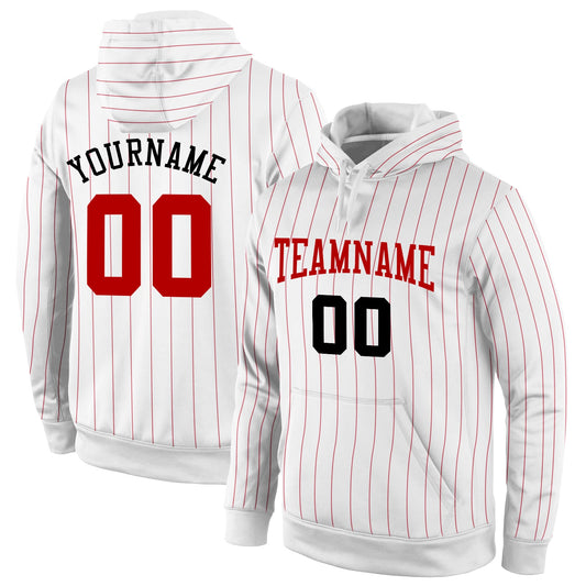 Custom Stitched White Red Pinstripe Red-Black Sports Pullover Sweatshirt Hoodie - Main View
