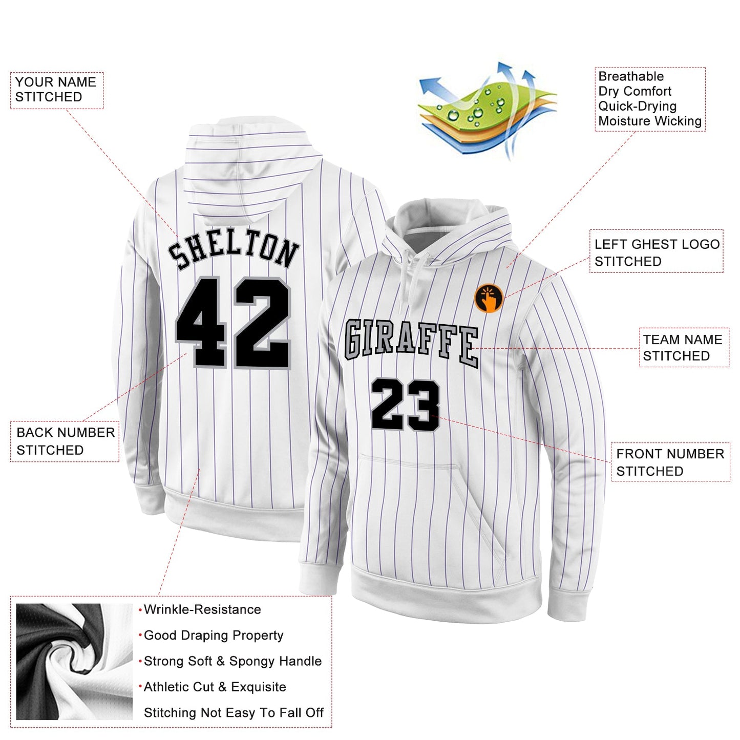 Custom Stitched White Purple Pinstripe Black-Gray Sports Pullover Sweatshirt Hoodie view 2