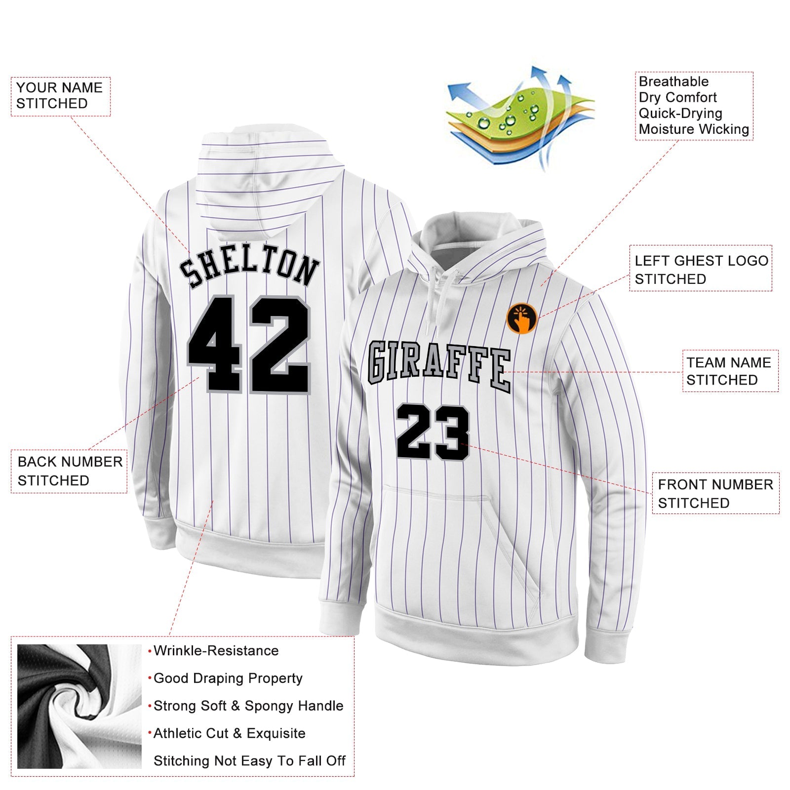 Custom Stitched White Purple Pinstripe Black-Gray Sports Pullover Sweatshirt Hoodie view 2