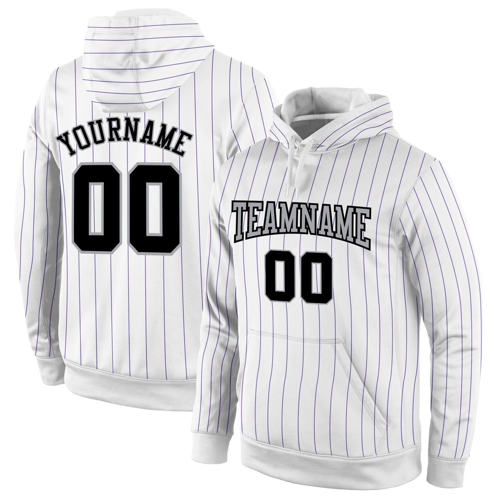 Custom Stitched White Purple Pinstripe Black-Gray Sports Pullover Sweatshirt Hoodie - Main View
