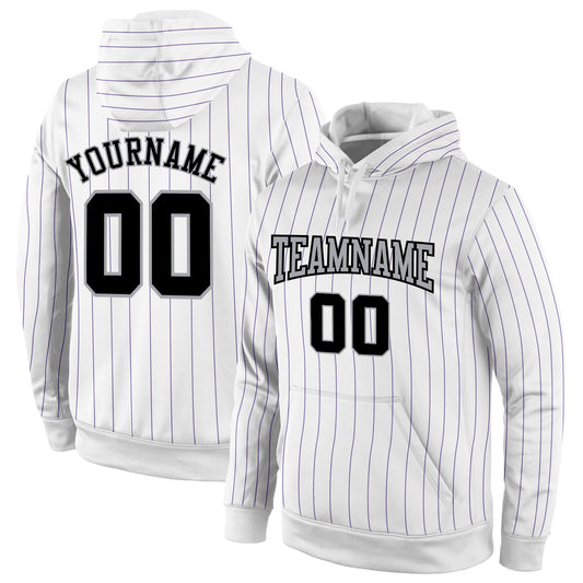 Custom Stitched White Purple Pinstripe Black-Gray Sports Pullover Sweatshirt Hoodie - Main View