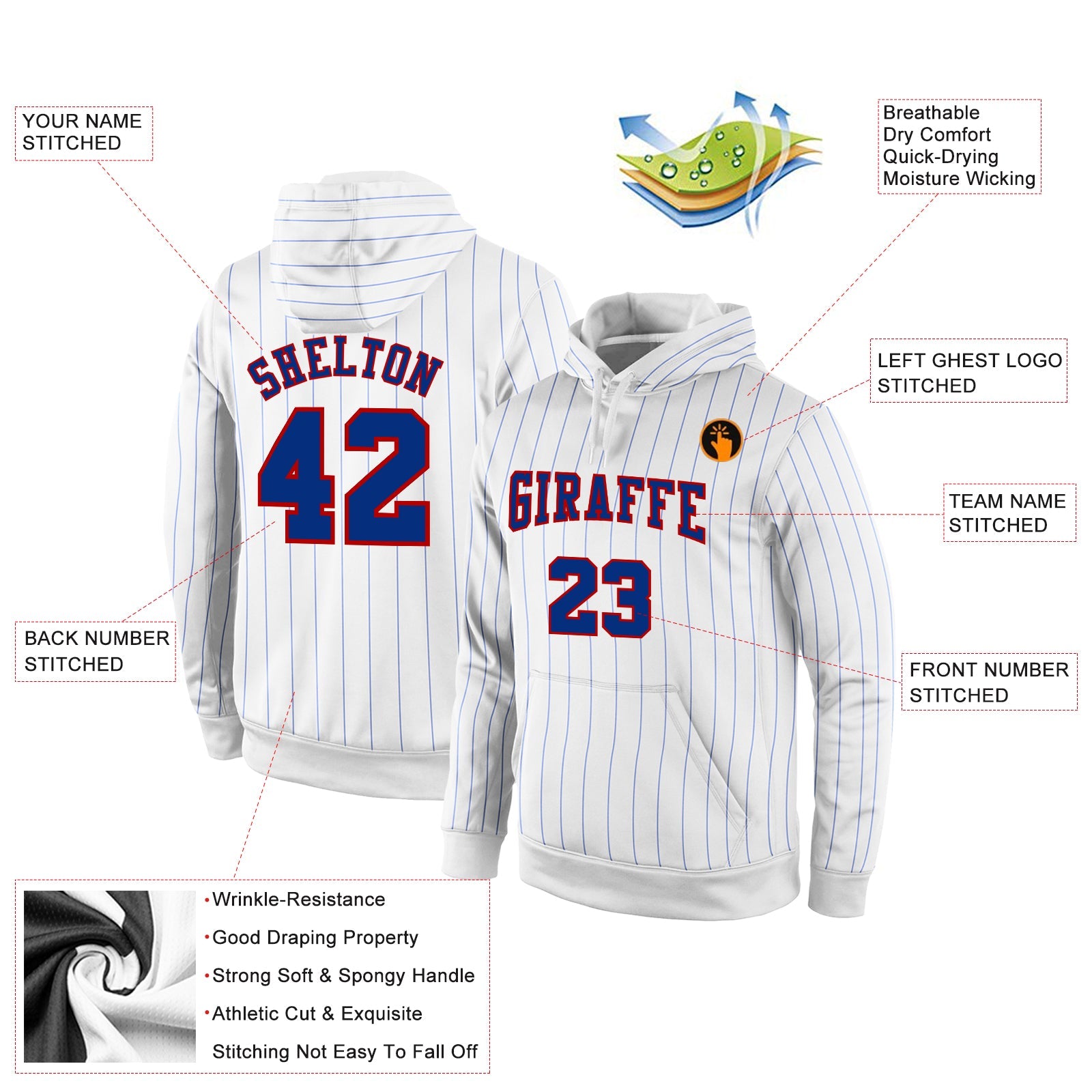 Custom Stitched White Royal Pinstripe Royal-Red Sports Pullover Sweatshirt Hoodie view 2