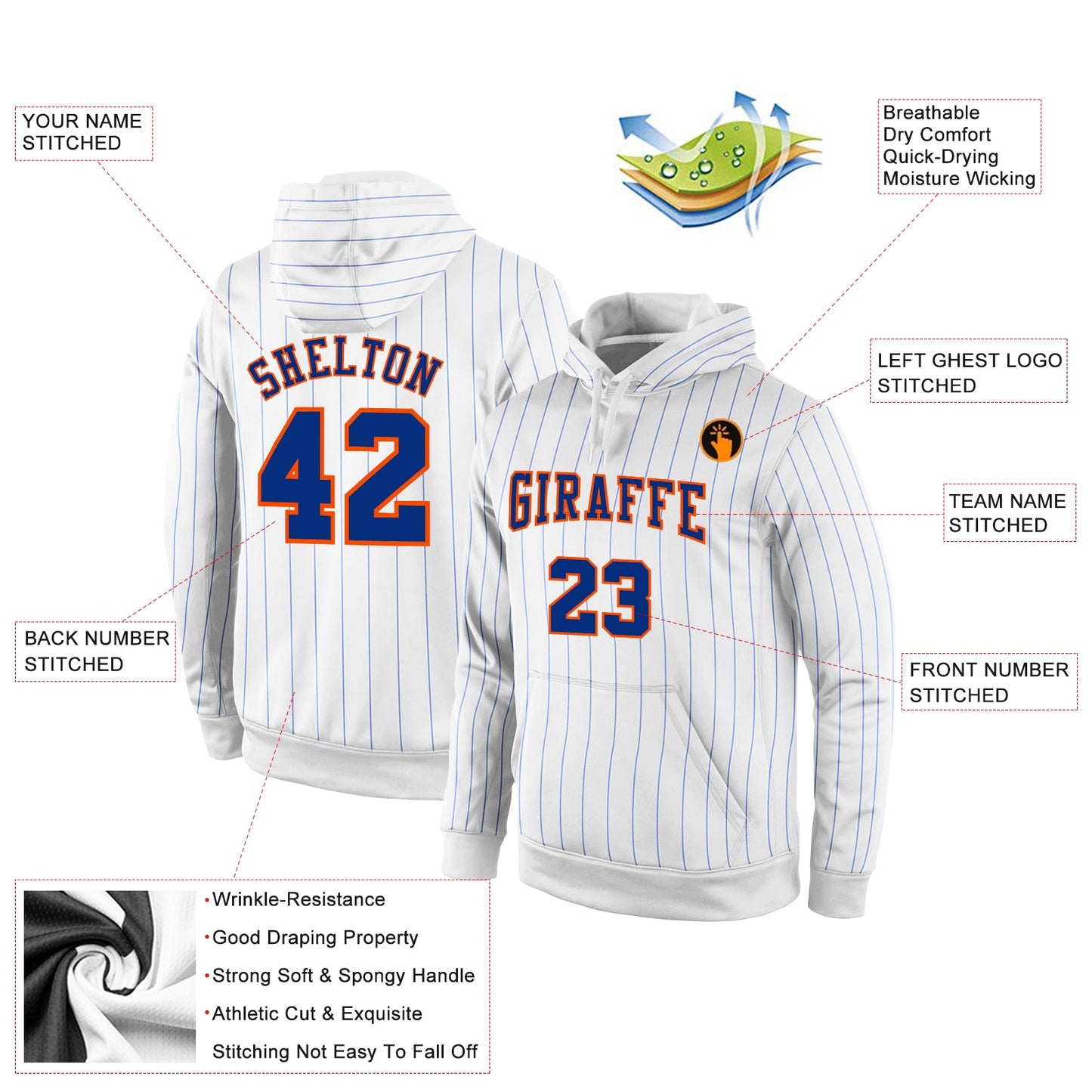 Custom Stitched White Royal Pinstripe Royal-Orange Sports Pullover Sweatshirt Hoodie view 2