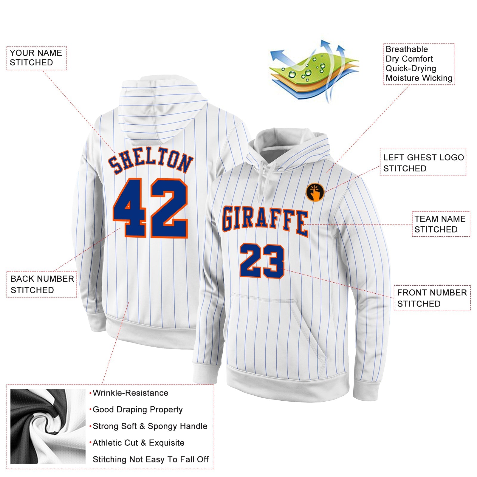 Custom Stitched White Royal Pinstripe Royal-Orange Sports Pullover Sweatshirt Hoodie view 2