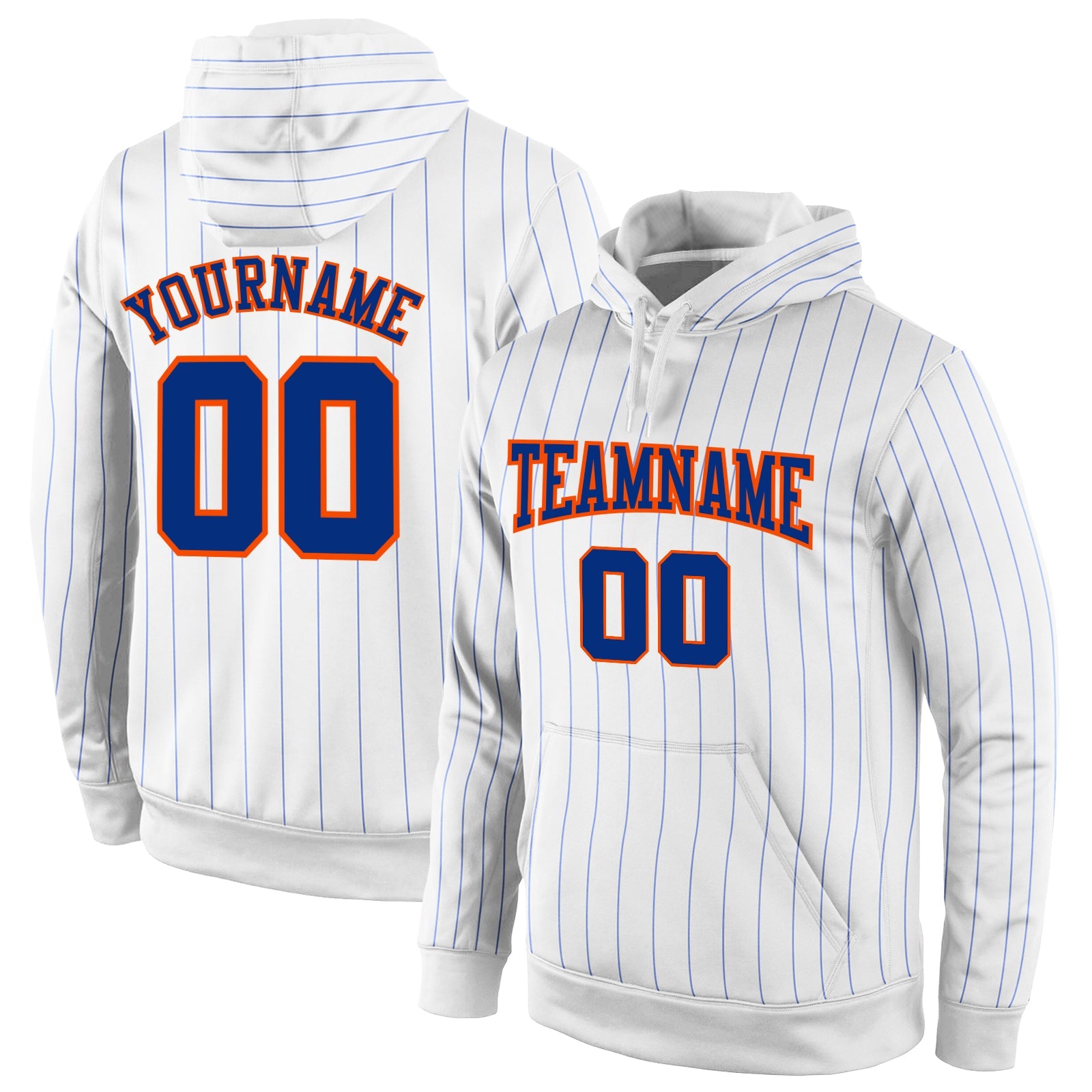 Custom Stitched White Royal Pinstripe Royal-Orange Sports Pullover Sweatshirt Hoodie - Main View