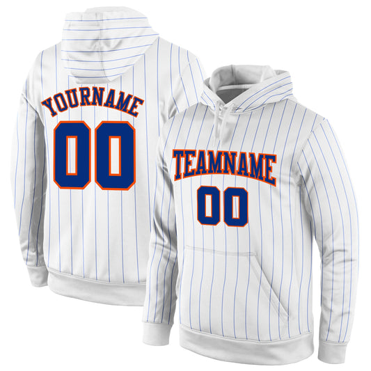 Custom Stitched White Royal Pinstripe Royal-Orange Sports Pullover Sweatshirt Hoodie - Main View
