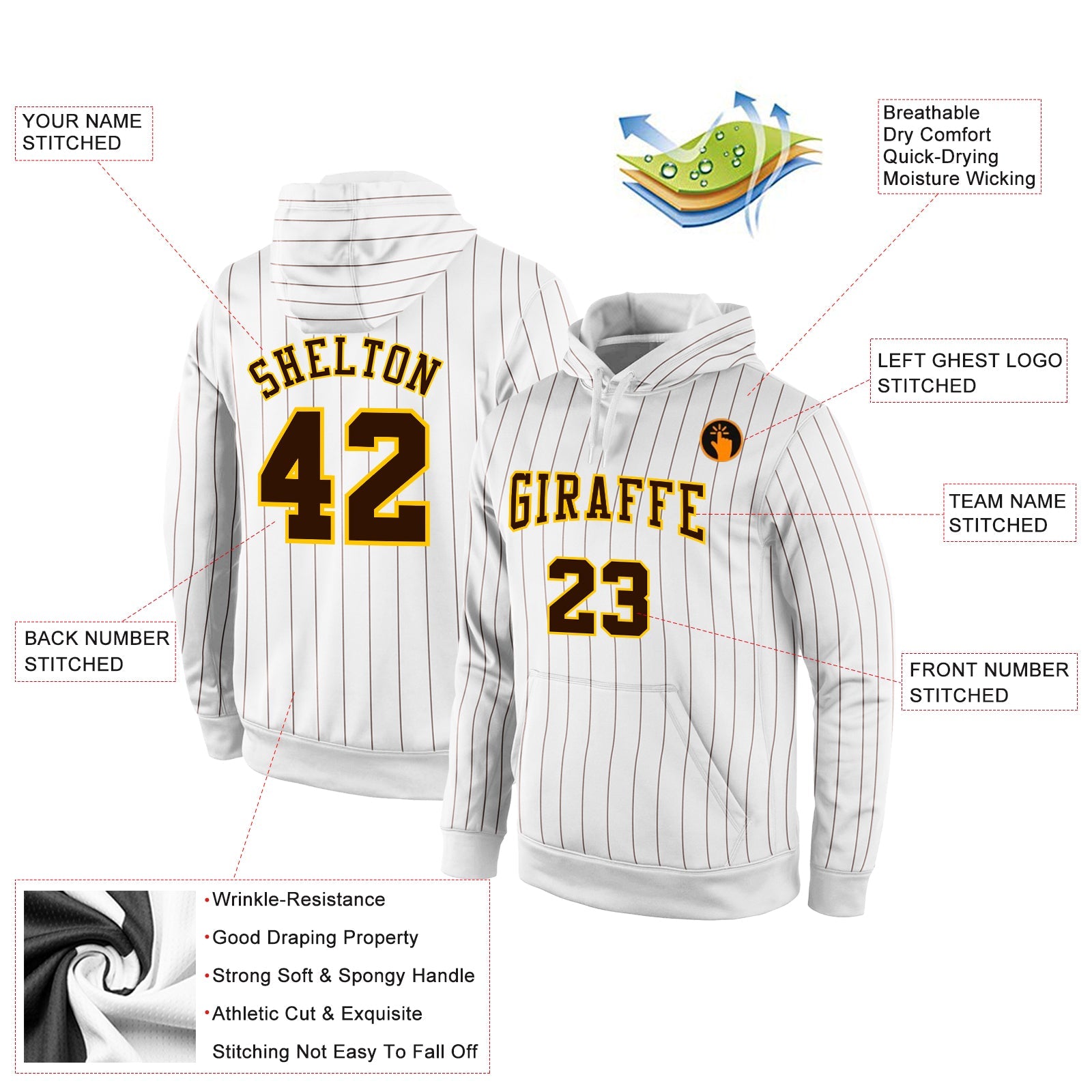 Custom Stitched White Brown Pinstripe Brown-Gold Sports Pullover Sweatshirt Hoodie view 2