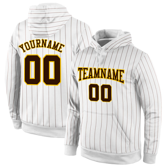 Custom Stitched White Brown Pinstripe Brown-Gold Sports Pullover Sweatshirt Hoodie - Main View