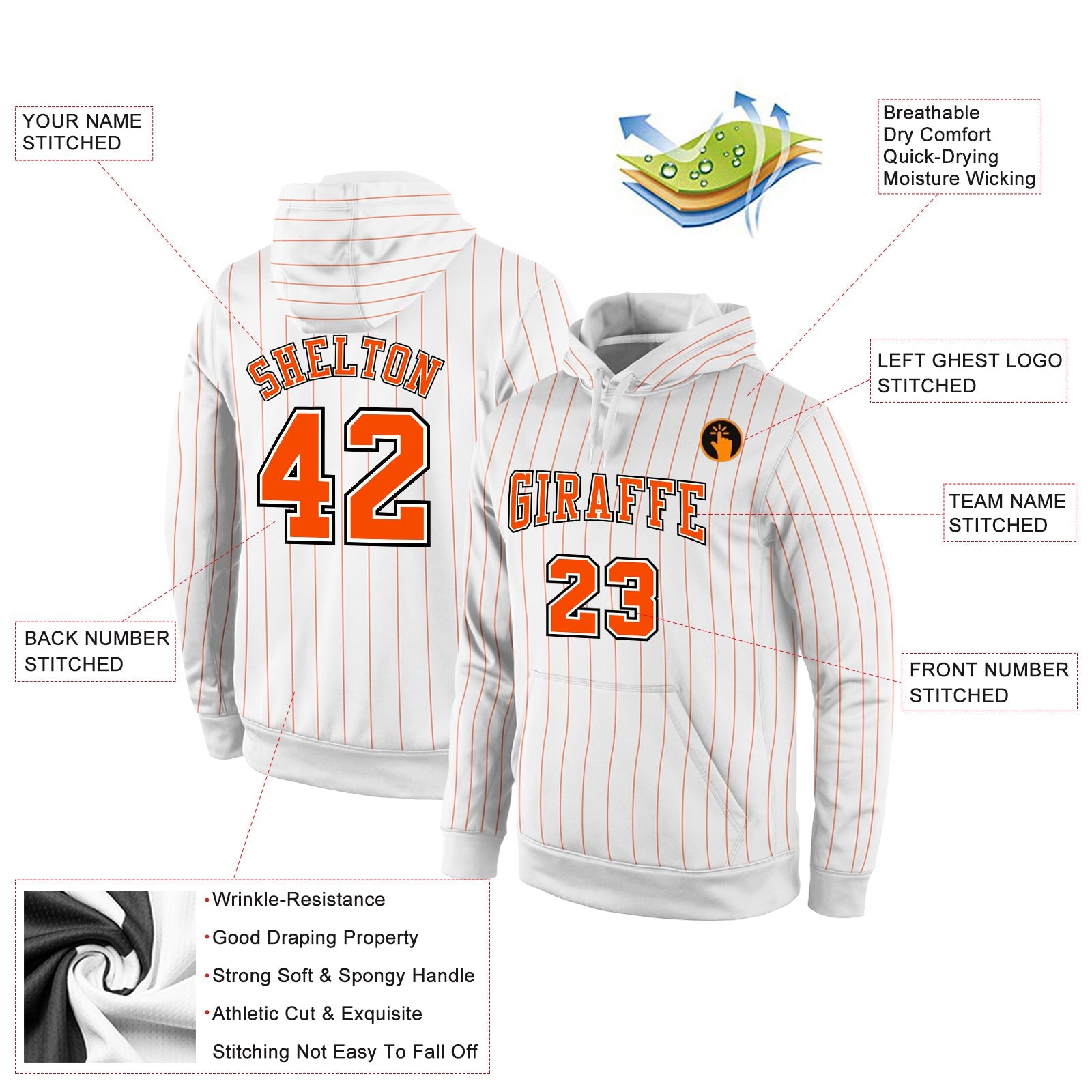 Custom Stitched White Orange Pinstripe Orange-Black Sports Pullover Sweatshirt Hoodie view 2