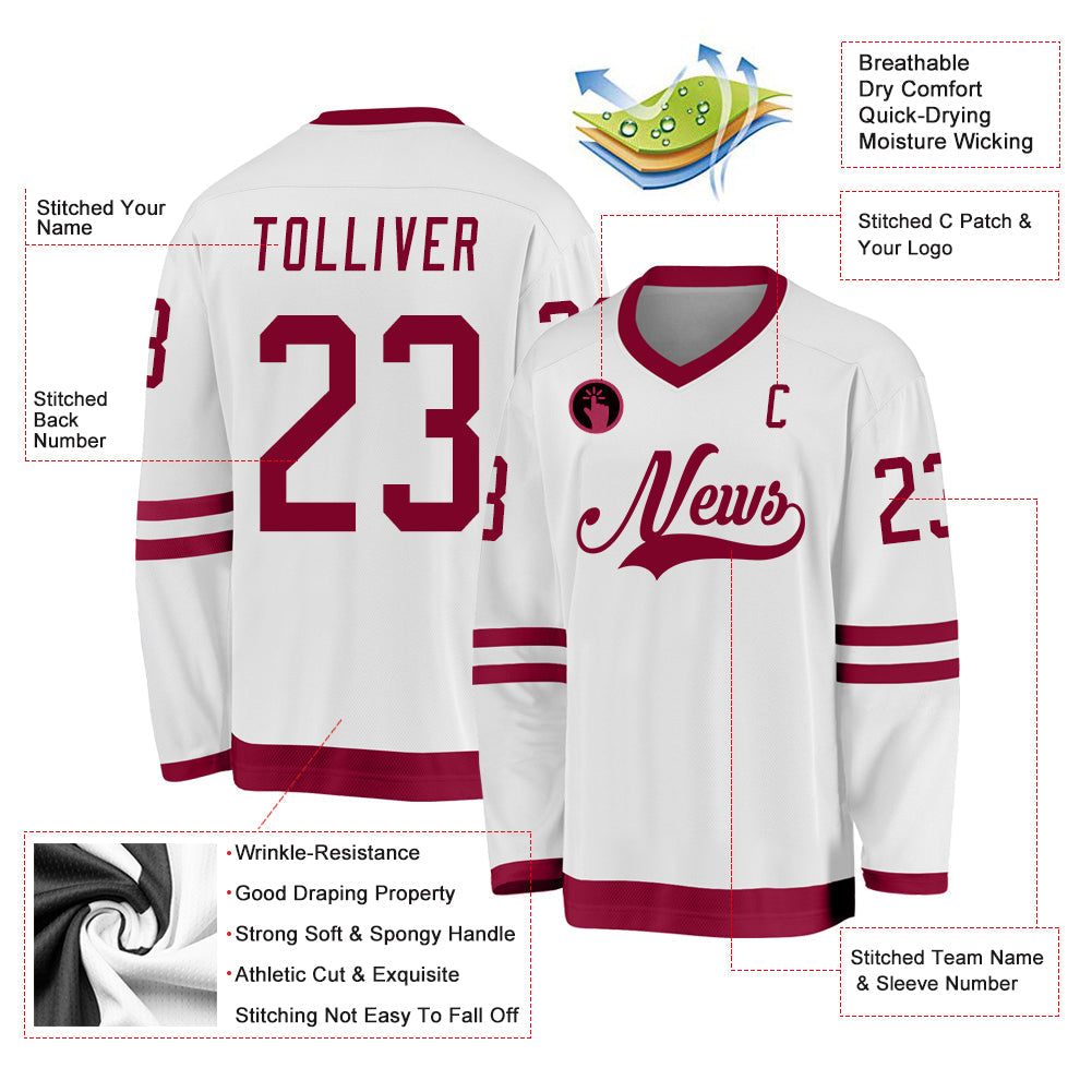 Custom White Maroon Hockey Jersey view 2