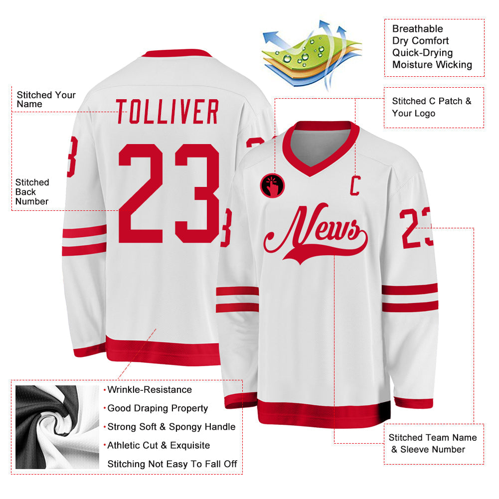 Custom White Red Hockey Jersey view 2