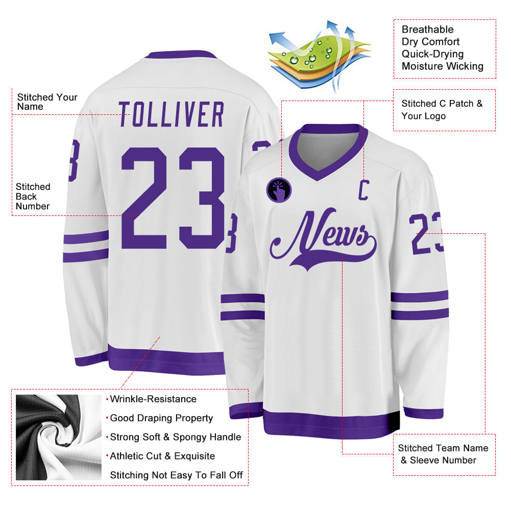 Custom White Purple Hockey Jersey view 2