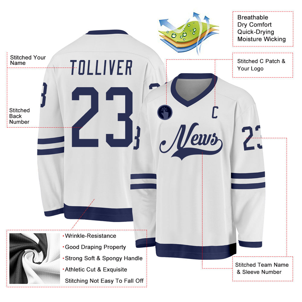 Custom White Navy Hockey Jersey view 3