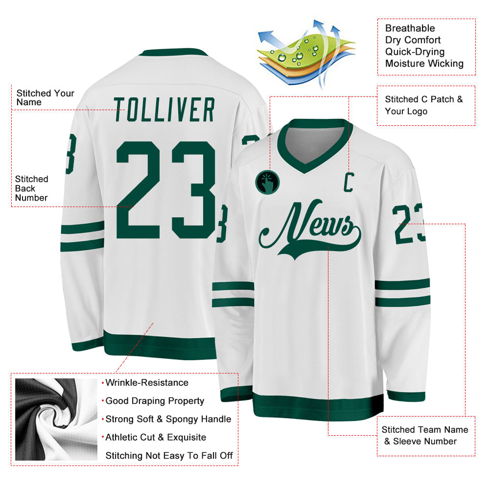 Custom White Green Hockey Jersey view 2
