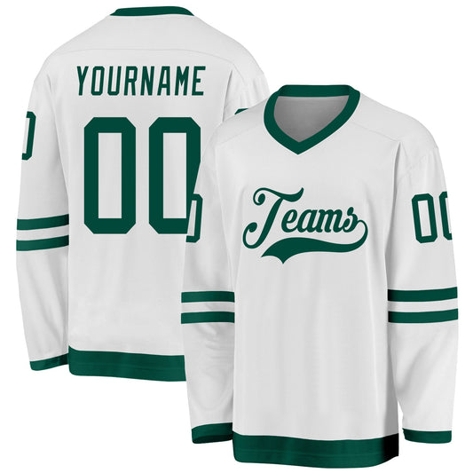 Custom White Green Hockey Jersey - Main View