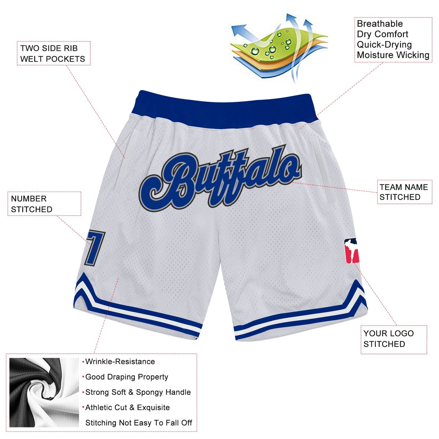 Custom White Royal-Gray Authentic Throwback Basketball Shorts view 2