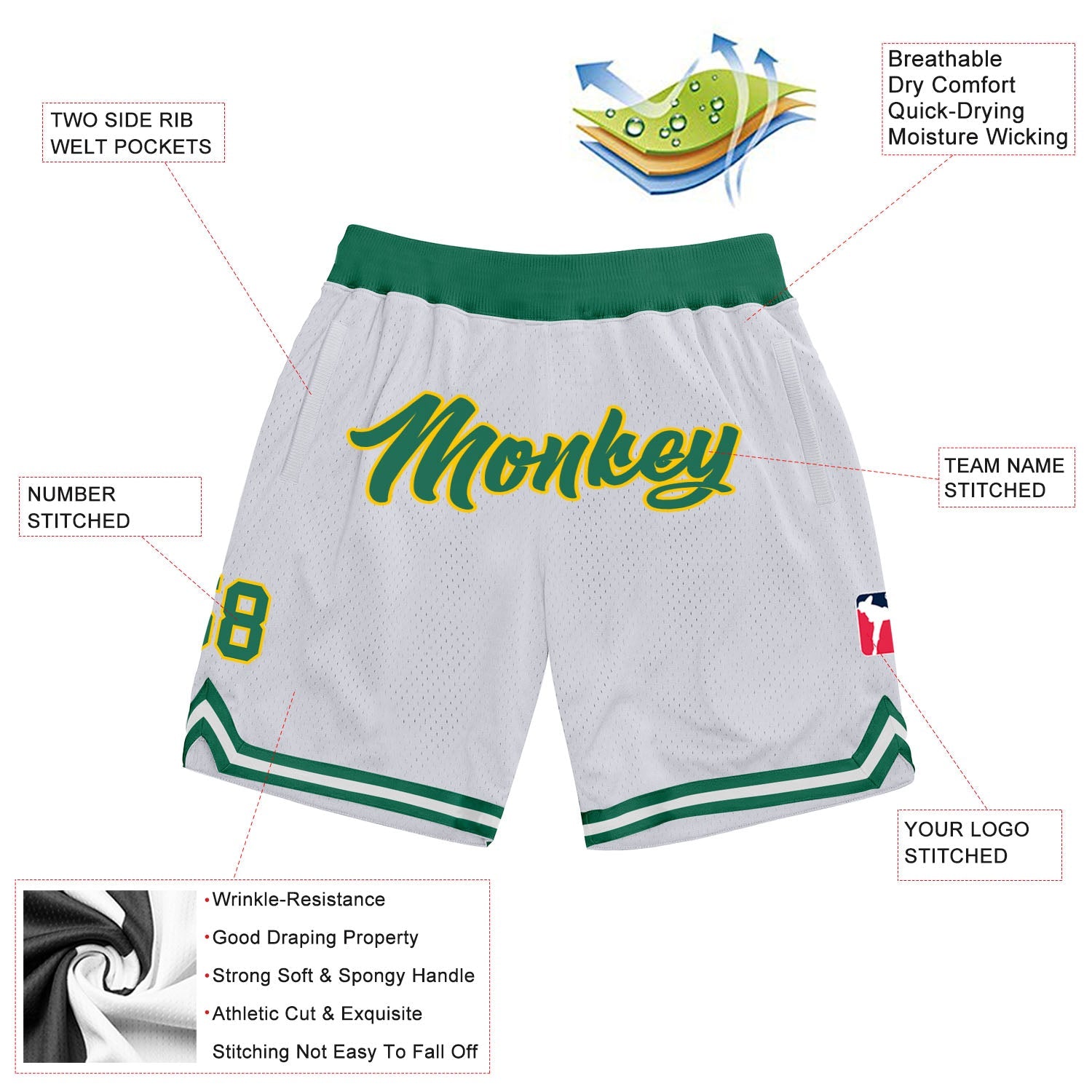 Custom White Kelly Green-Gold Authentic Throwback Basketball Shorts view 2