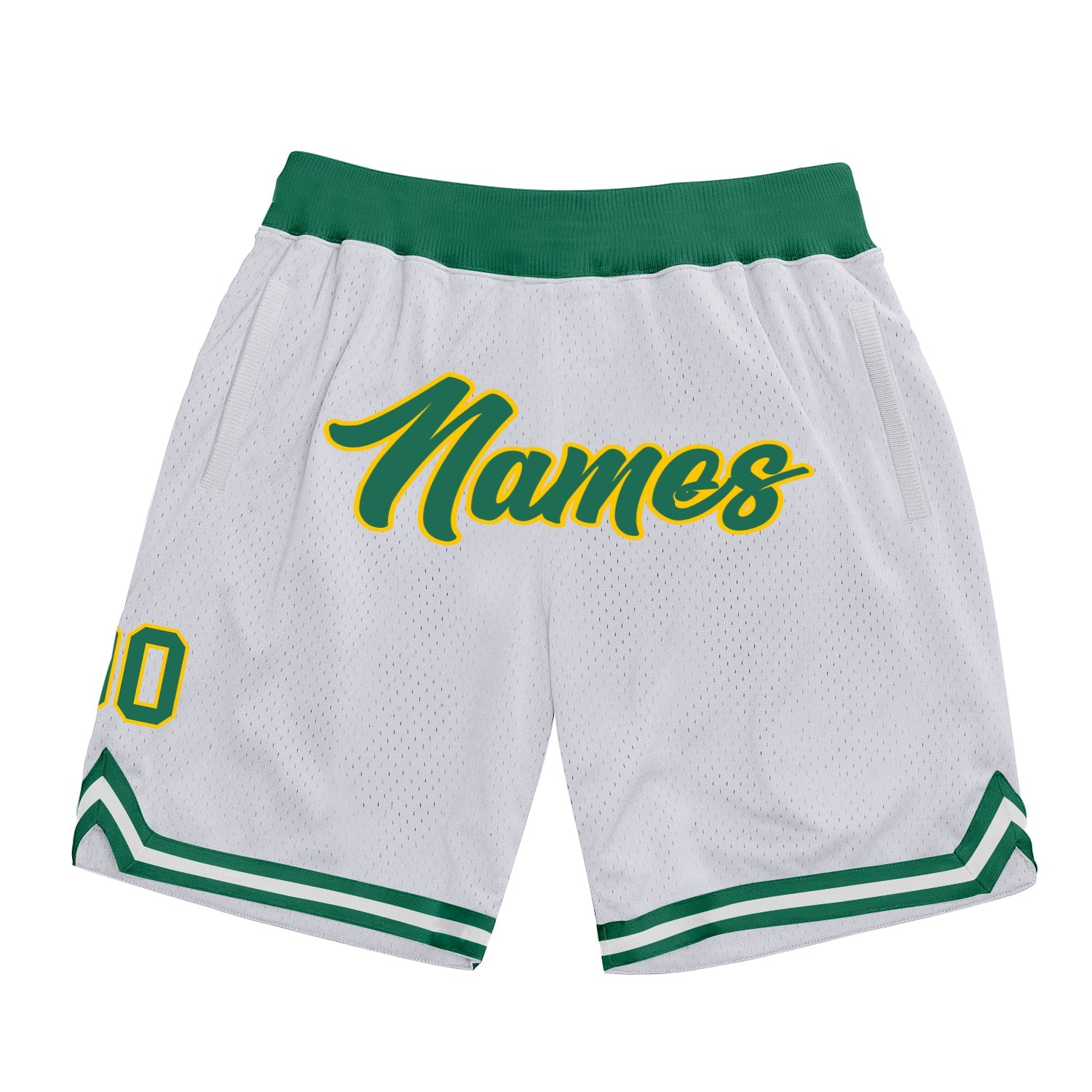 Custom White Kelly Green-Gold Authentic Throwback Basketball Shorts - Main View
