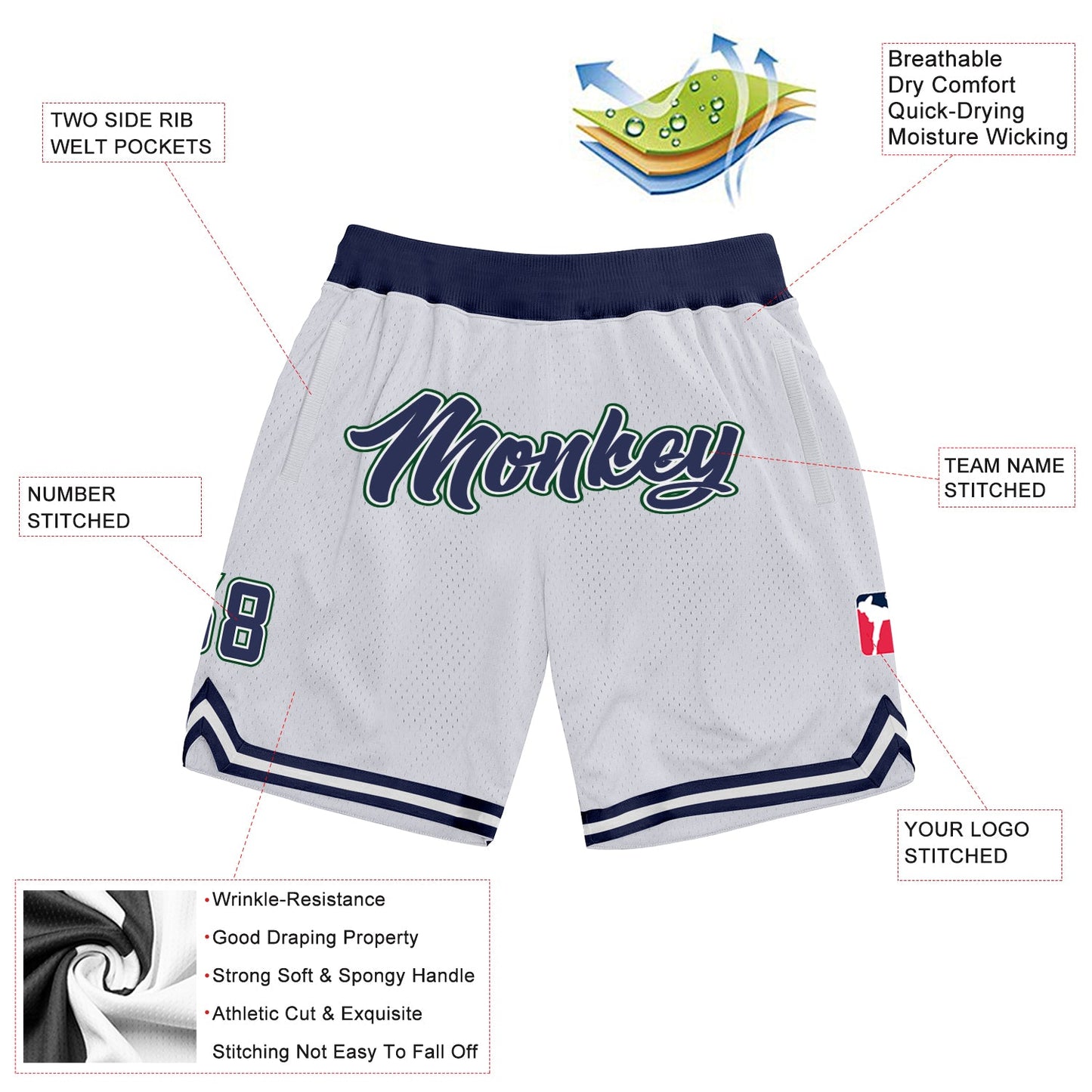 Custom White Navy-Hunter Green Authentic Throwback Basketball Shorts view 2