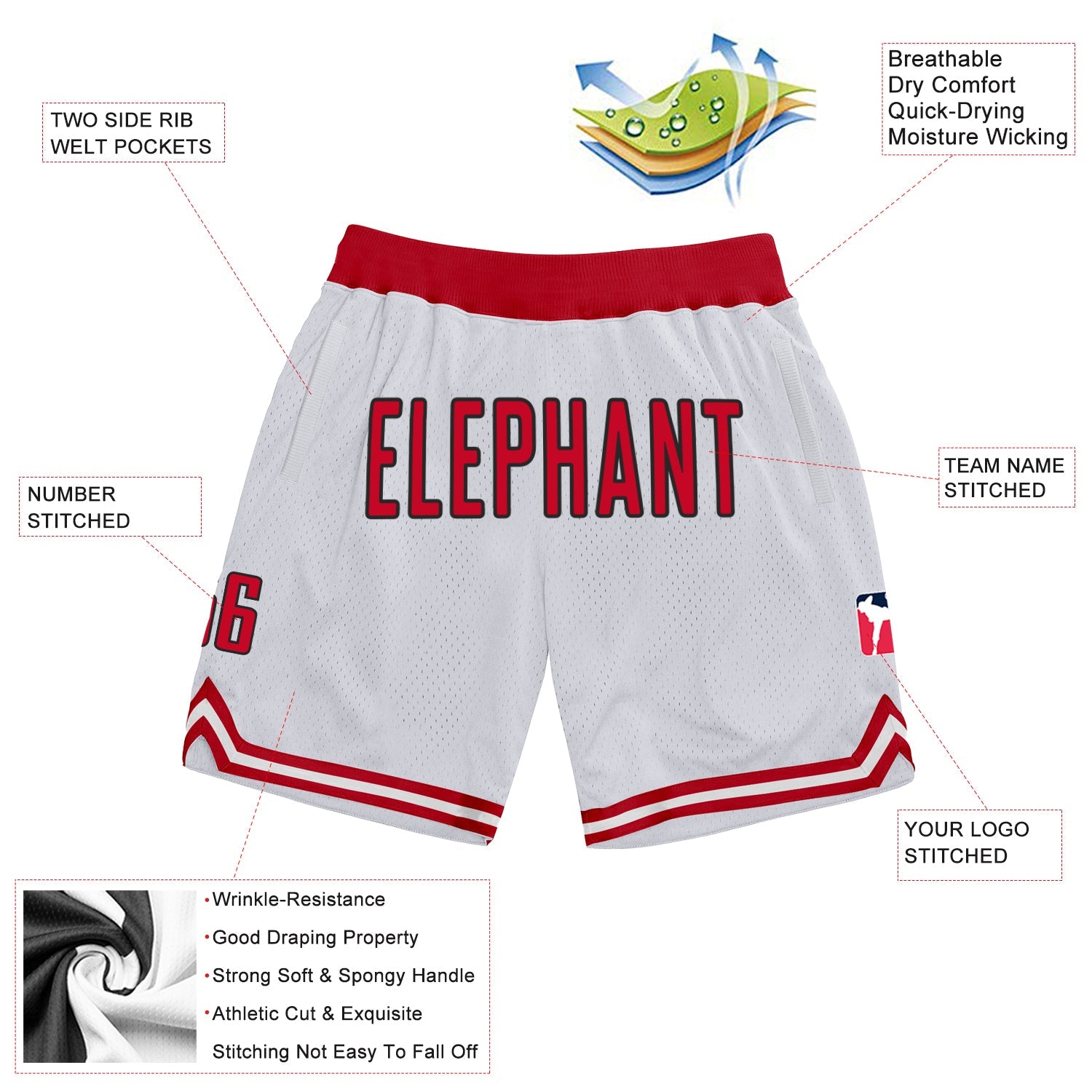 Custom White Red-Black Authentic Throwback Basketball Shorts view 2