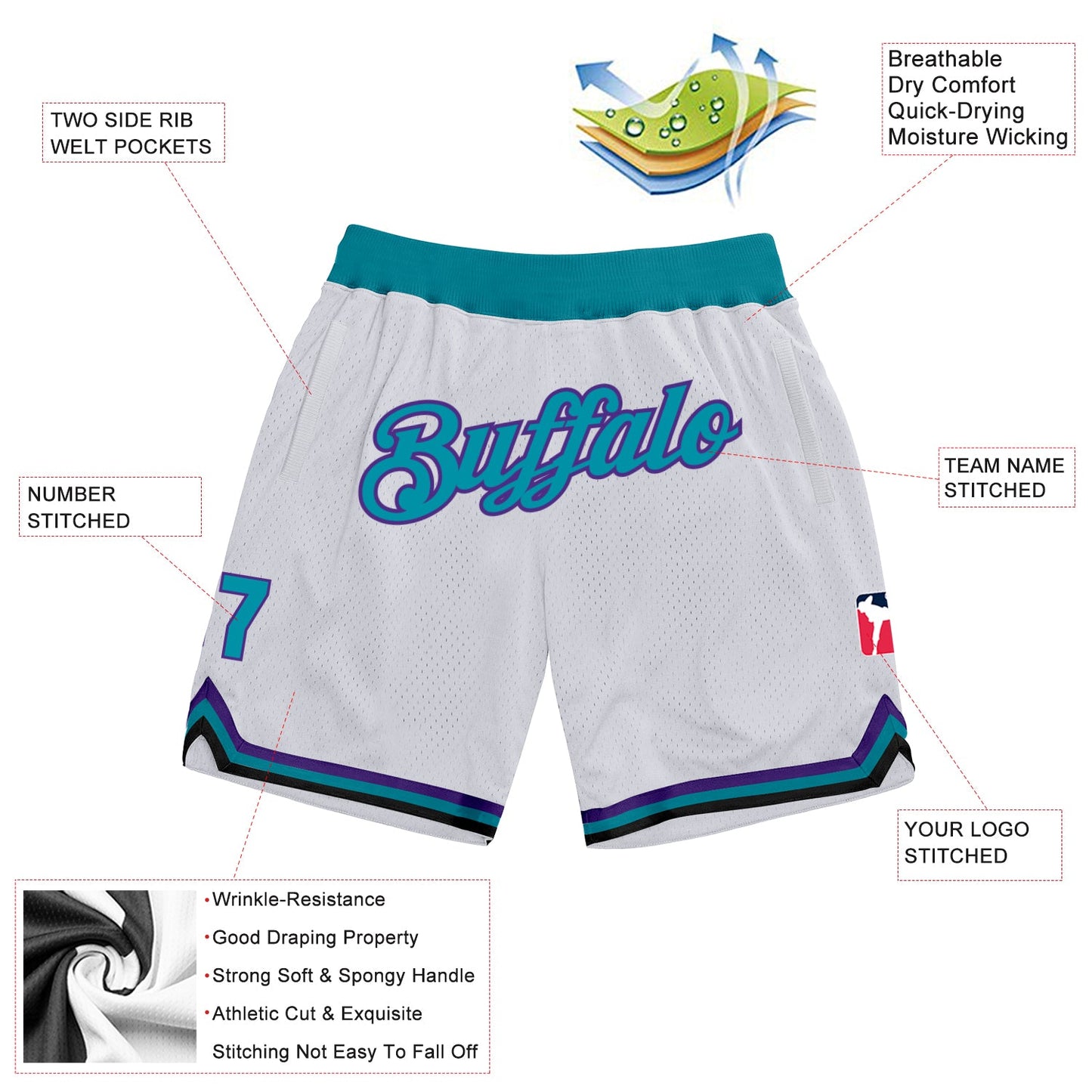 Custom White Teal-Purple Authentic Throwback Basketball Shorts view 2
