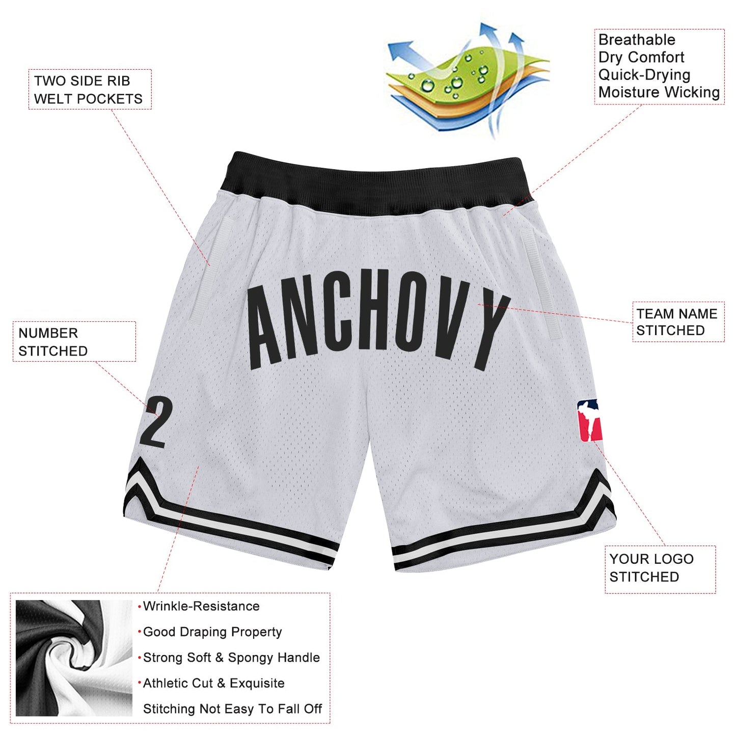 Custom White Black Authentic Throwback Basketball Shorts view 2