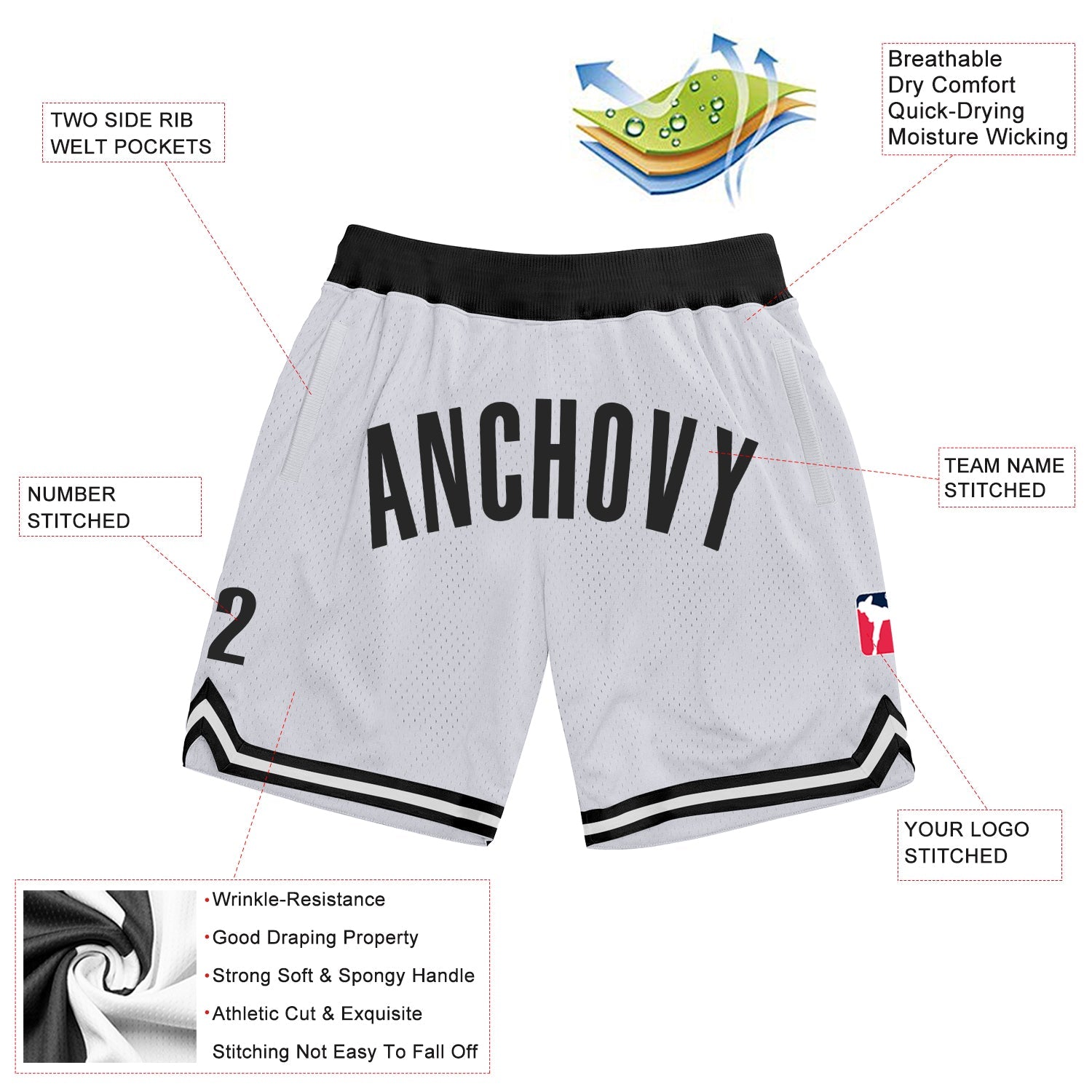 Custom White Black Authentic Throwback Basketball Shorts view 2