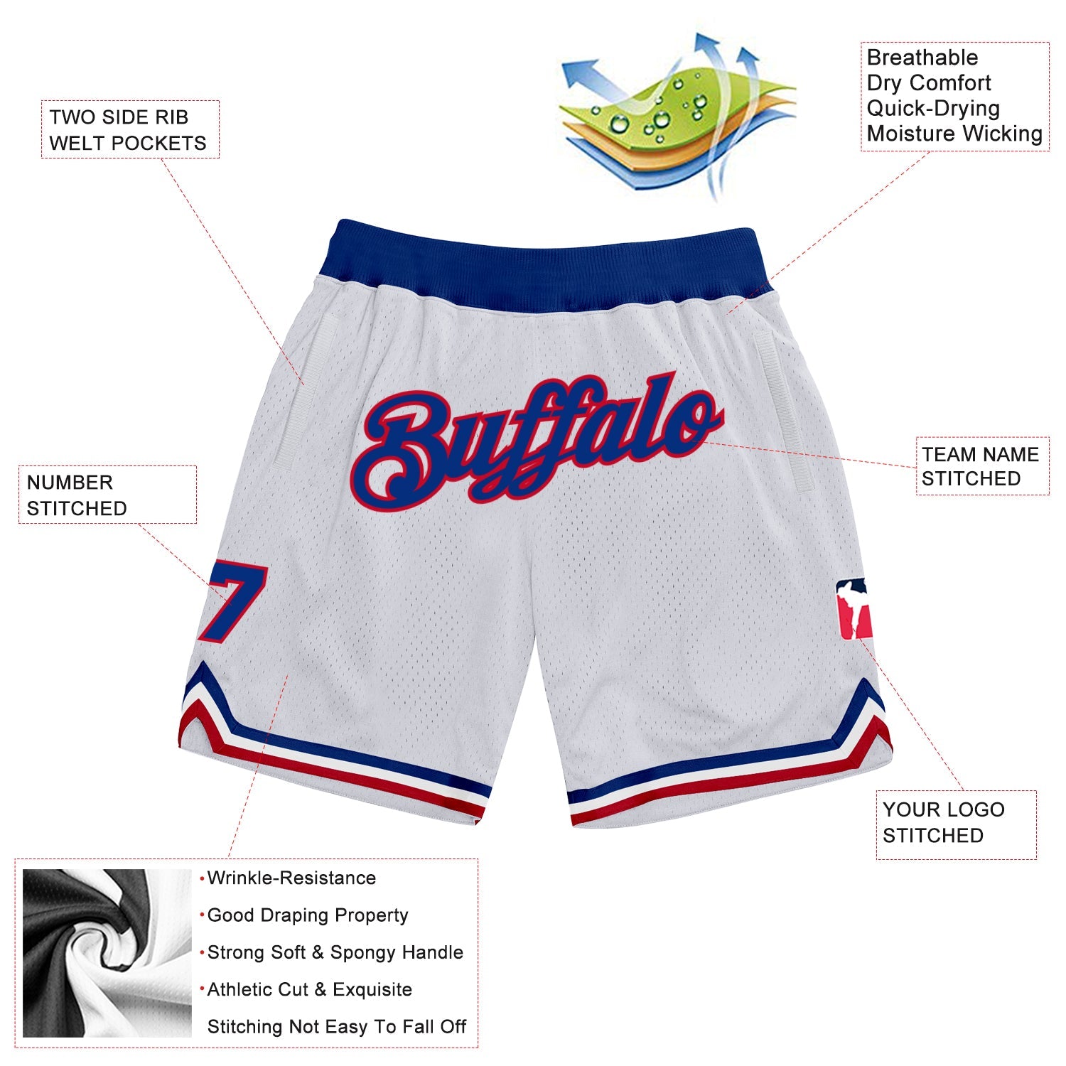 Custom White Royal-Red Authentic Throwback Basketball Shorts view 2