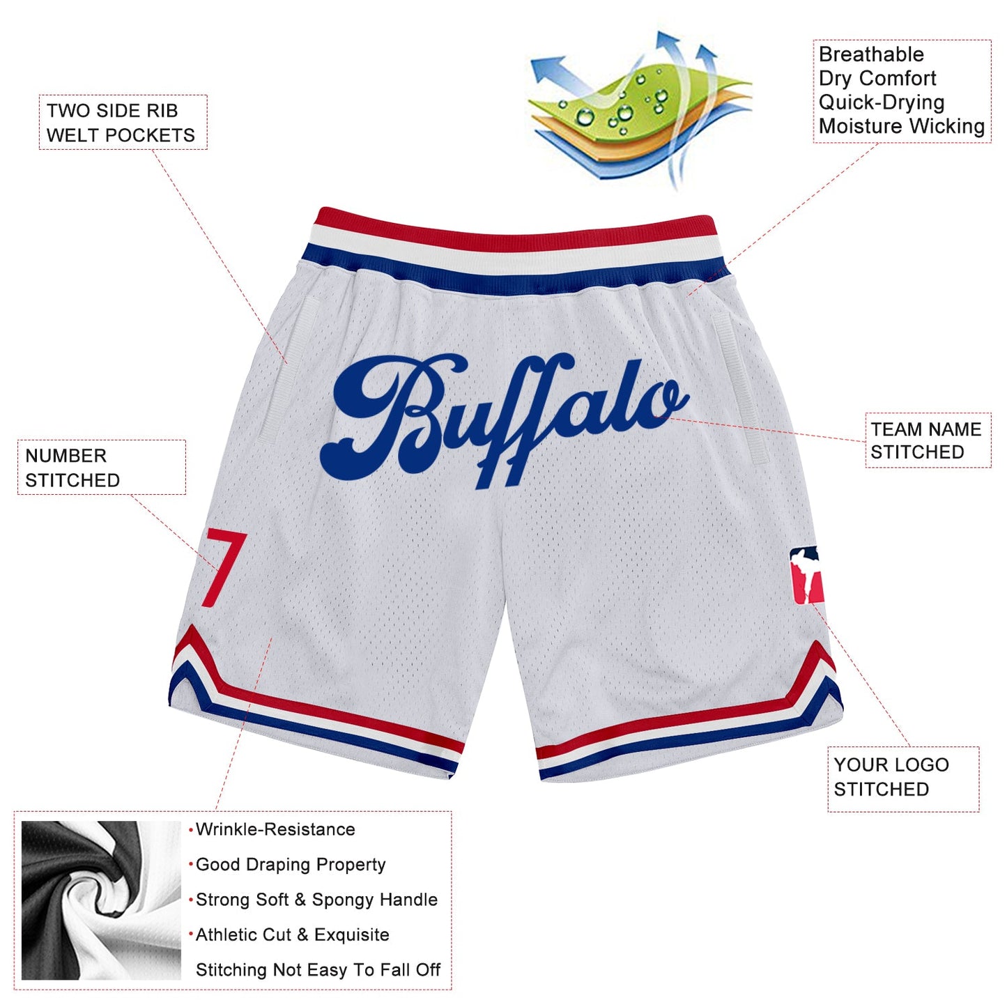 Custom White Royal Authentic Throwback Basketball Shorts view 2