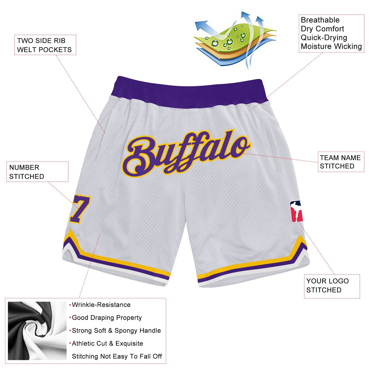 Custom White Purple-Gold Authentic Throwback Basketball Shorts view 2