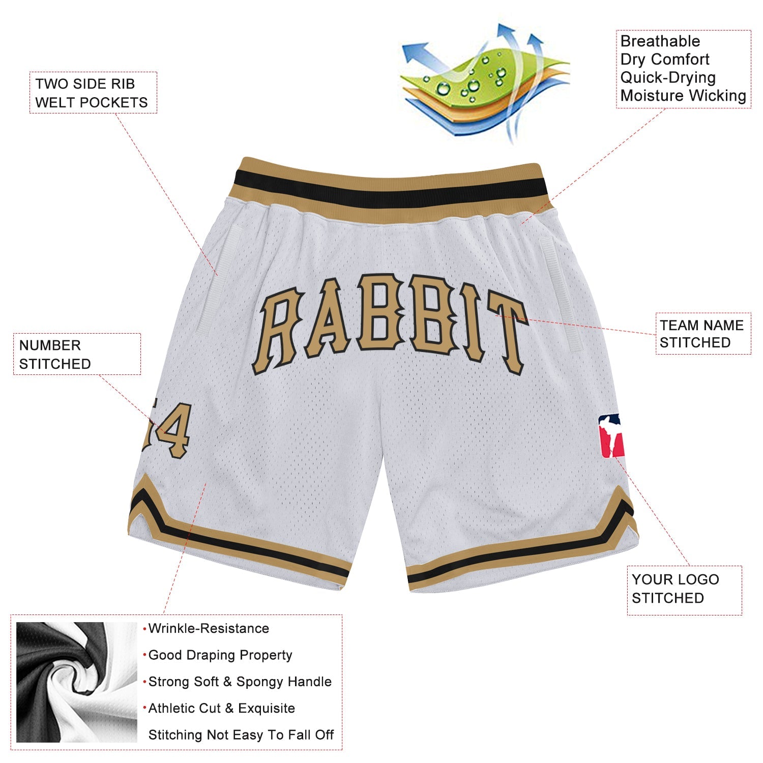 Custom White Old Gold-Black Authentic Throwback Basketball Shorts view 2