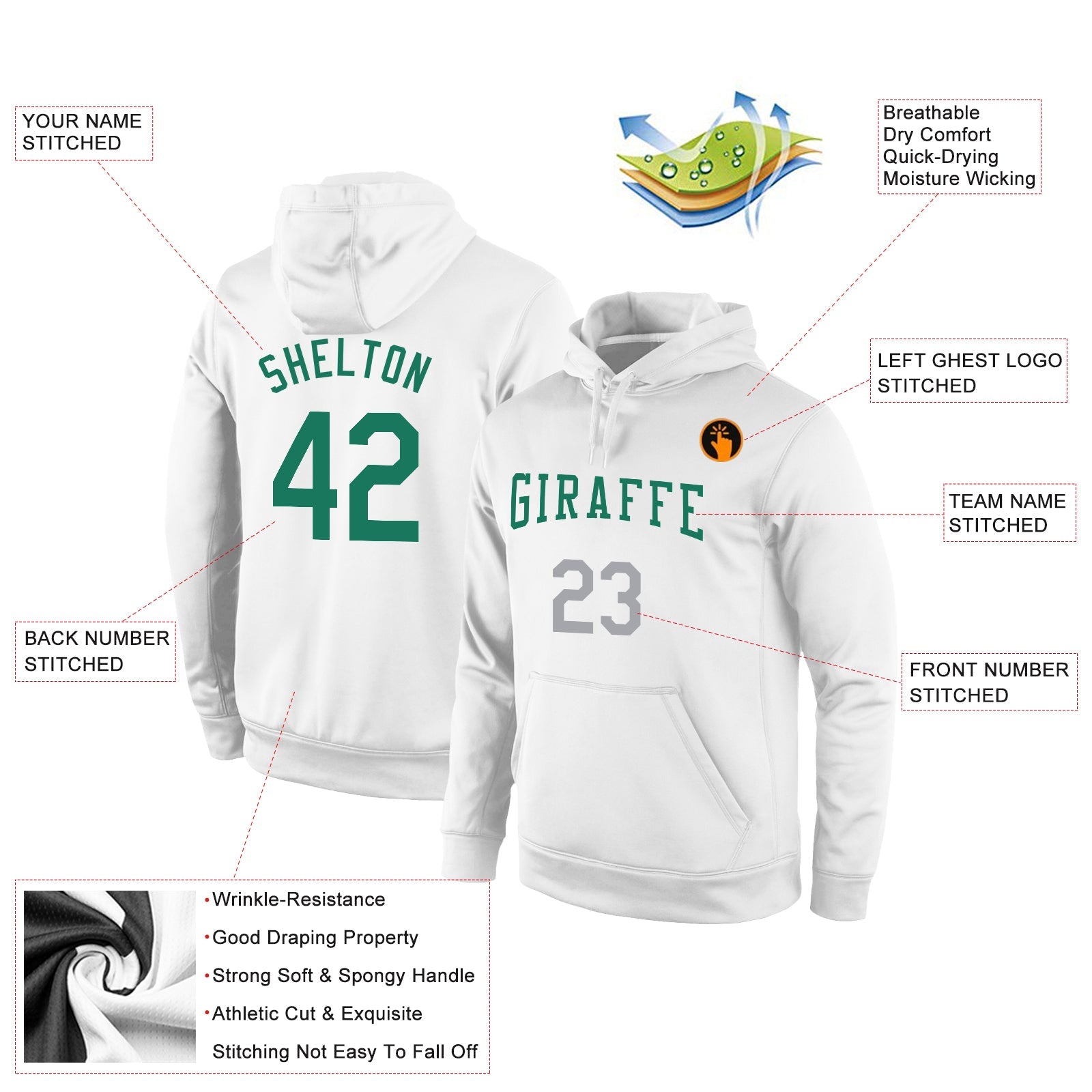 Custom Stitched White Kelly Green-Gray Sports Pullover Sweatshirt Hoodie view 2