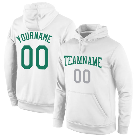 Custom Stitched White Kelly Green-Gray Sports Pullover Sweatshirt Hoodie - Main View