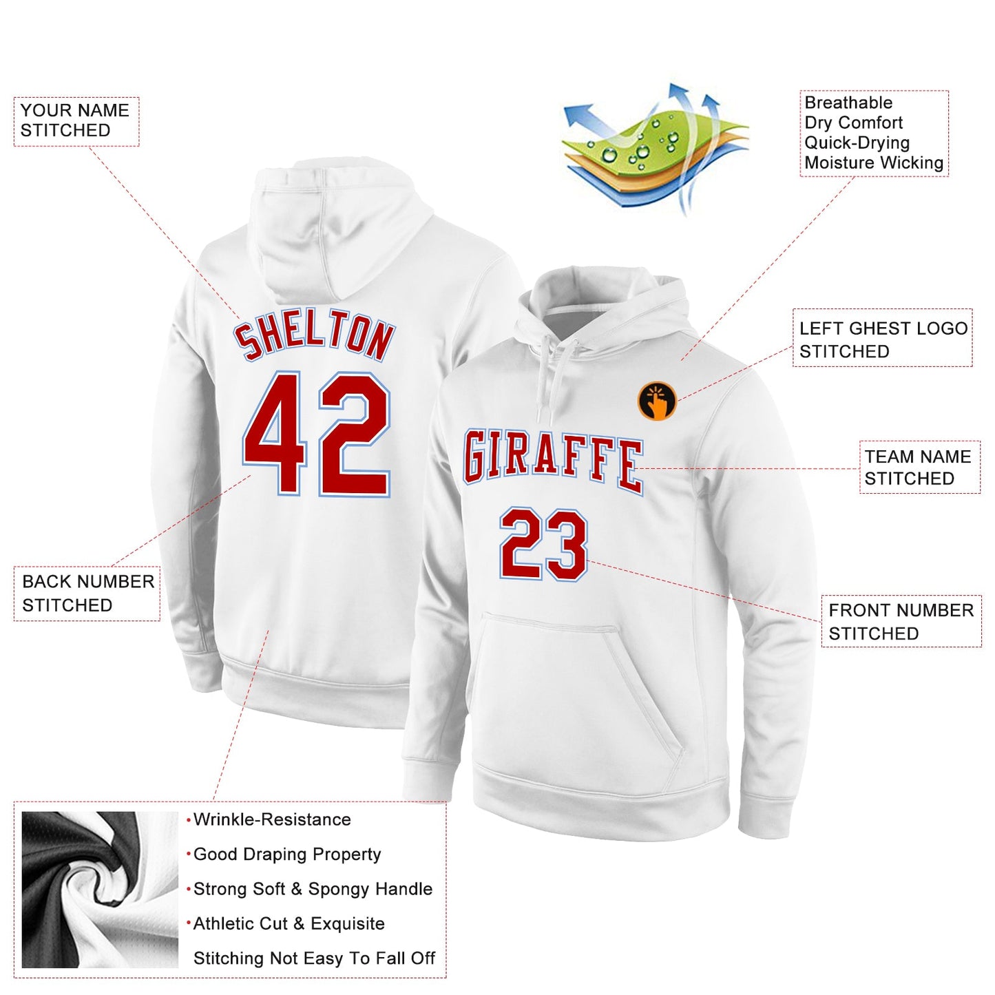 Custom Stitched White Red-Light Blue Sports Pullover Sweatshirt Hoodie view 2