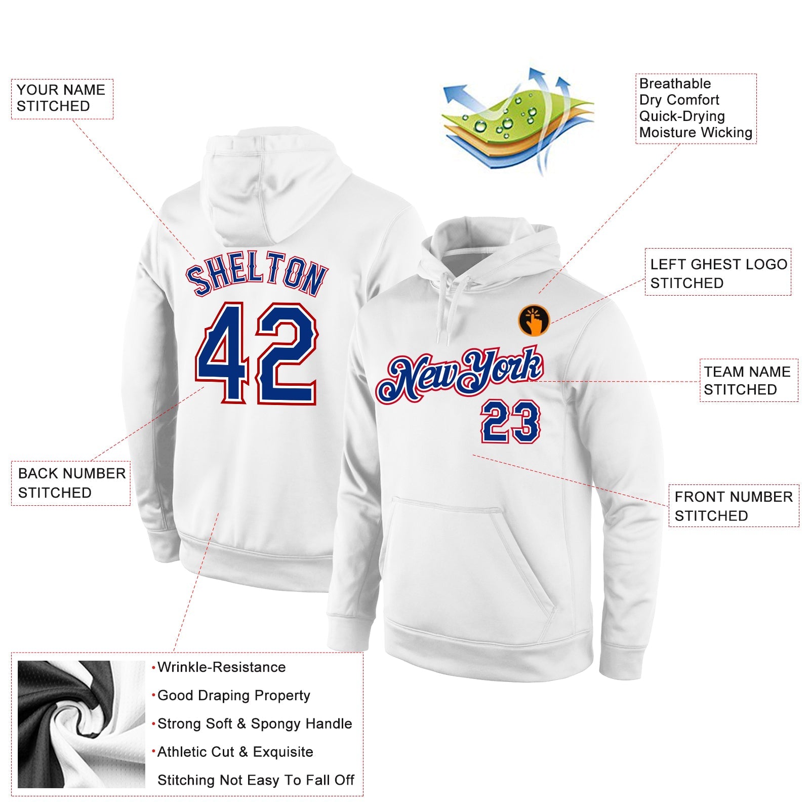 Custom Stitched White Royal-Red Sports Pullover Sweatshirt Hoodie view 2