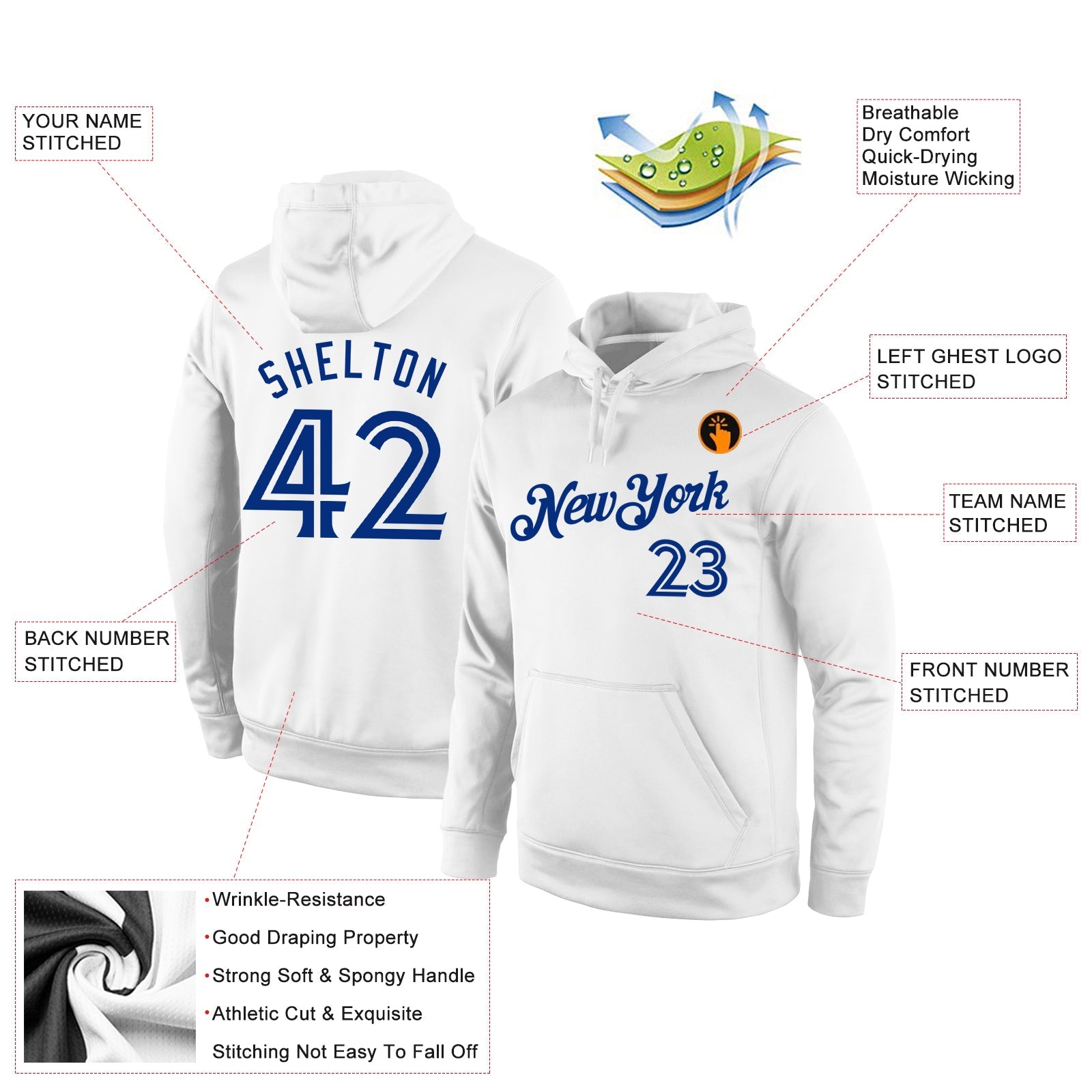 Custom Stitched White White-Royal Sports Pullover Sweatshirt Hoodie view 2