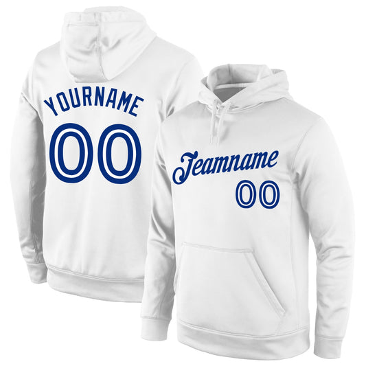 Custom Stitched White White-Royal Sports Pullover Sweatshirt Hoodie - Main View