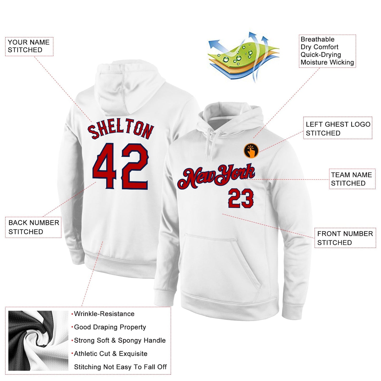 Custom Stitched White Red-Navy Sports Pullover Sweatshirt Hoodie view 2