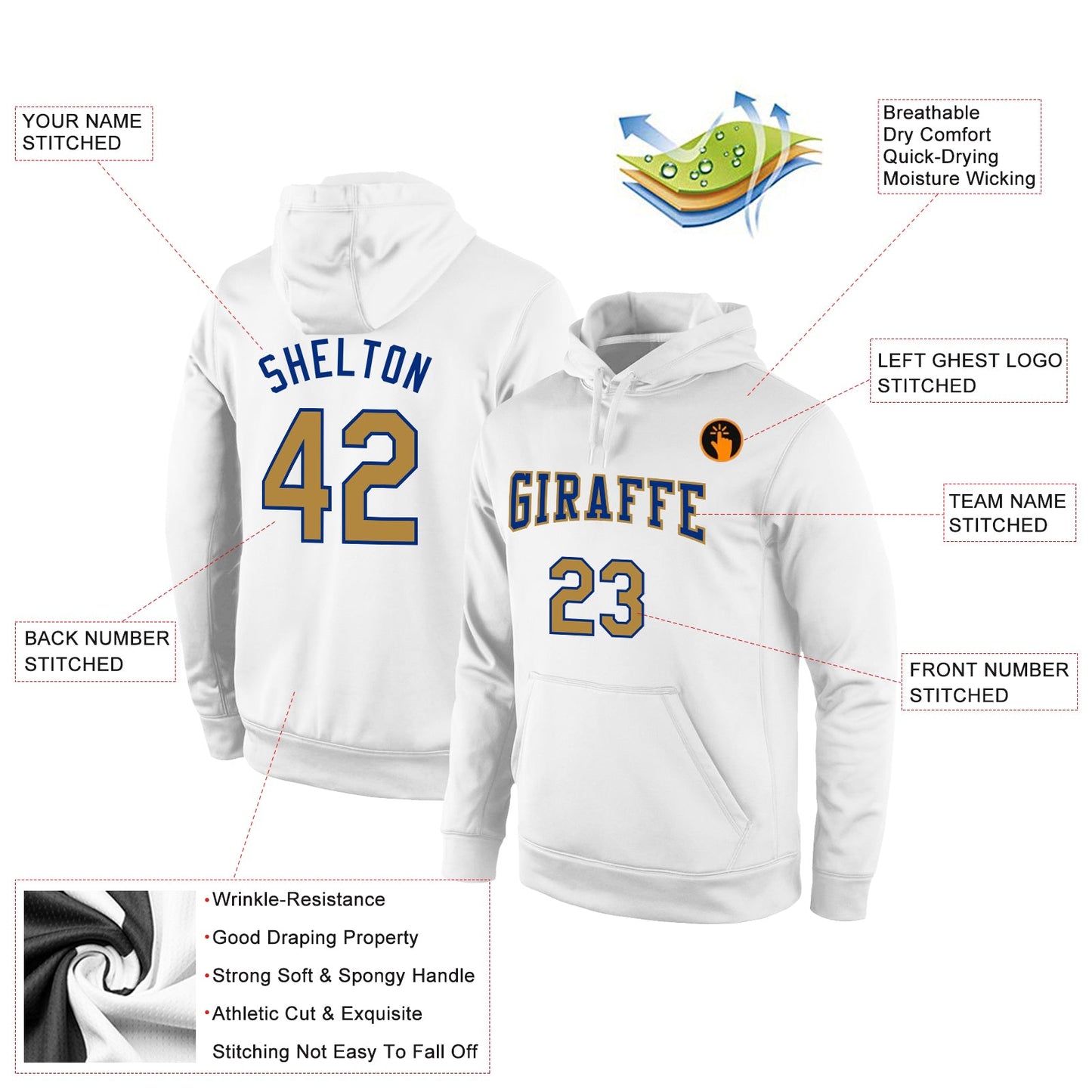 Custom Stitched White Old Gold-Royal Sports Pullover Sweatshirt Hoodie view 2