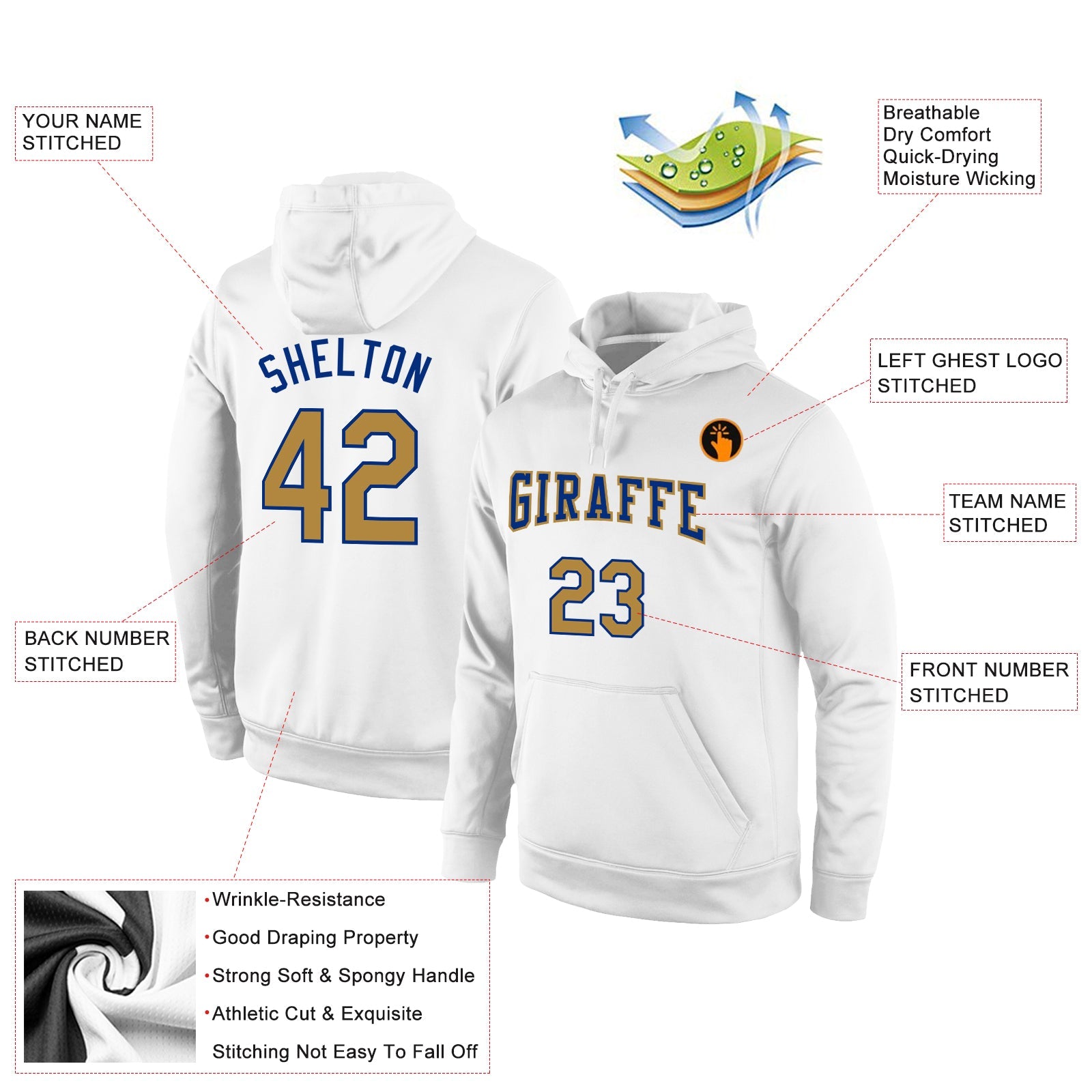 Custom Stitched White Old Gold-Royal Sports Pullover Sweatshirt Hoodie view 2