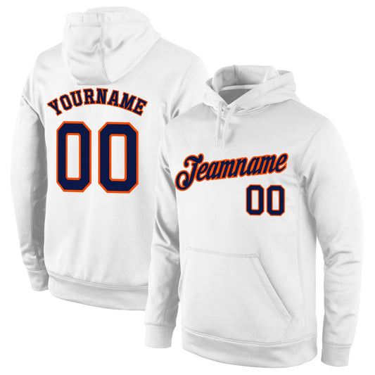 Custom Stitched White Navy-Orange Sports Pullover Sweatshirt Hoodie - Main View