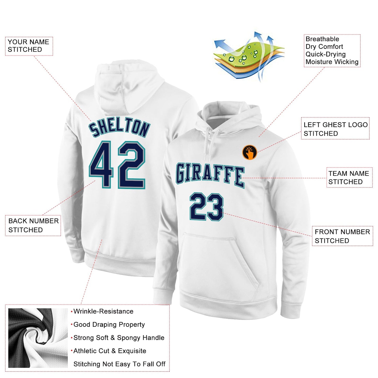 Custom Stitched White Navy-Aqua Sports Pullover Sweatshirt Hoodie view 2