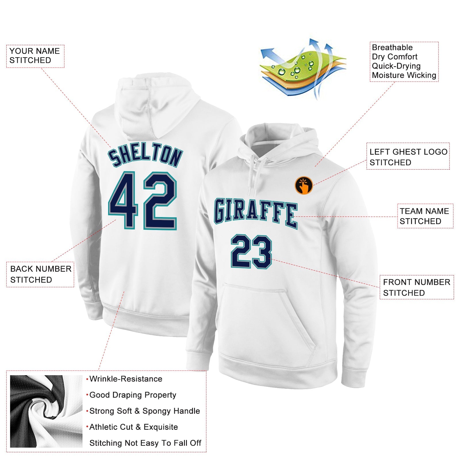 Custom Stitched White Navy-Aqua Sports Pullover Sweatshirt Hoodie view 2