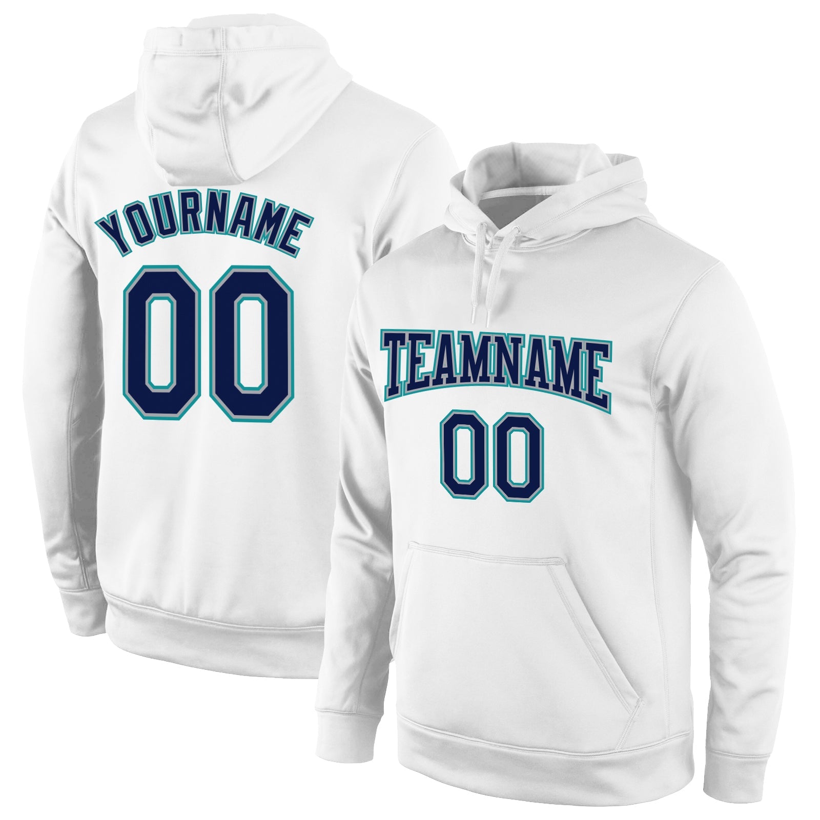 Custom Stitched White Navy-Aqua Sports Pullover Sweatshirt Hoodie - Main View