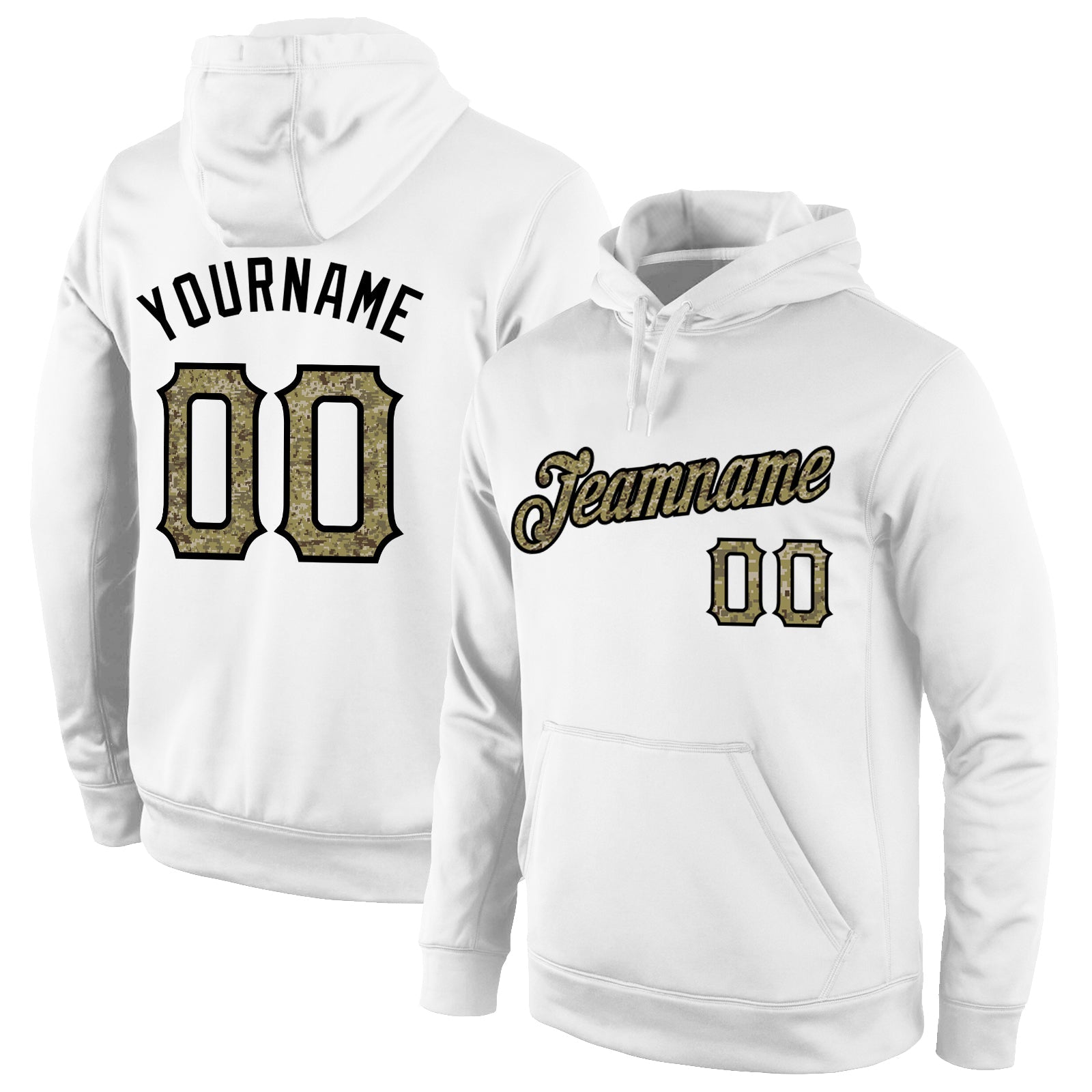 Custom Stitched White Camo-Black Sports Pullover Sweatshirt Hoodie - Main View